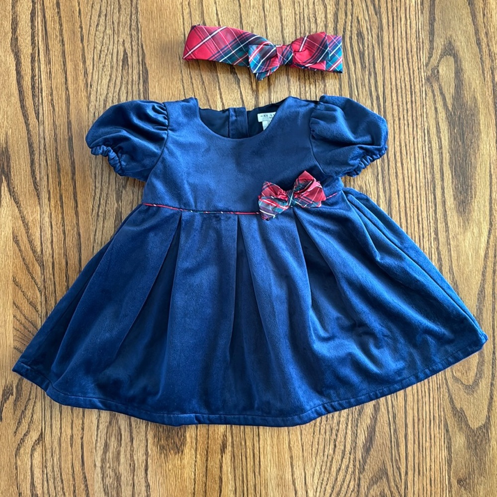 Blue velvet 24M infant dress with matching leggings and headband